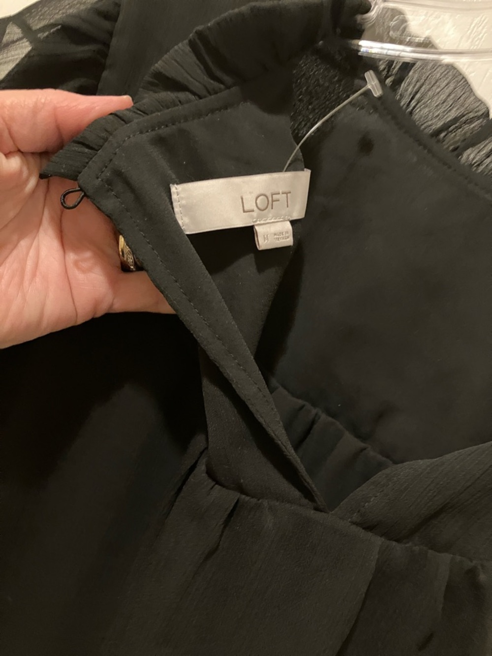 LOFT Black Short-Sleeve Sheer Ruffle-Neck Blouse - Picture 5 of 6